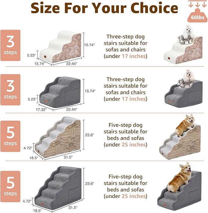 15.7” H Ramp Dog Stairs for Small Dogs, Printed Fabric 3 Tier Wider Curved Pet Stairs for Couch and Beds，Non-Slip Bottom for Old Cats with High-Density Foam and Washable Cover