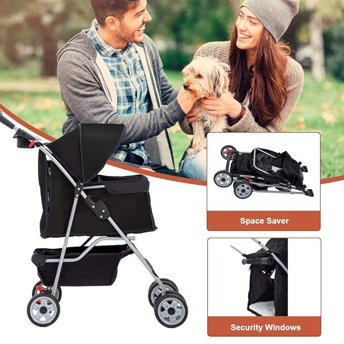 BestPet Pet Stroller Cat Dog Cage Stroller Travel Folding Carrier,Black