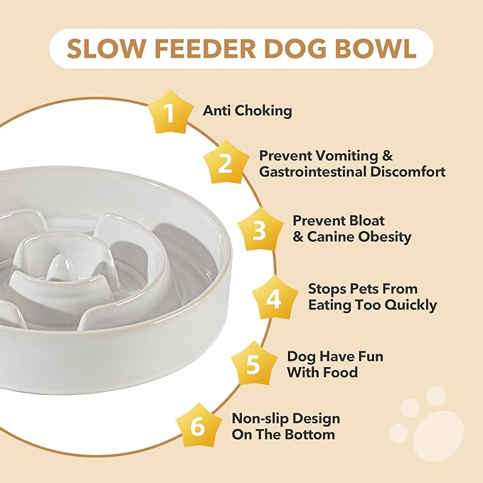Ceramic 3.2 Cup Dog Bowl Slow Feeder for Large Dog, 9.5inch Pet Slow Dish, Stop Bloat, Preventing Choking(Single Bowl, Reactived Glaze -White)