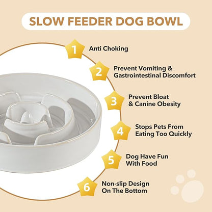 Ceramic 3.2 Cup Dog Bowl Slow Feeder for Large Dog, 9.5inch Pet Slow Dish, Stop Bloat, Preventing Choking(Single Bowl, Reactived Glaze -White)