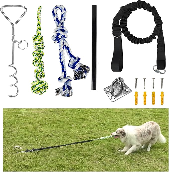 Outdoor Dog Toy Tether with Rope Tug of War, Interactive Exercise Dog Play Tether Pole in Ground Ball Rope Pull Bungee Toy for Small Medium Large Dogs