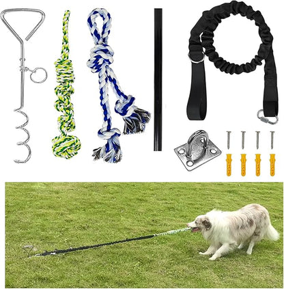 Outdoor Dog Toy Tether with Rope Tug of War, Interactive Exercise Dog Play Tether Pole in Ground Ball Rope Pull Bungee Toy for Small Medium Large Dogs