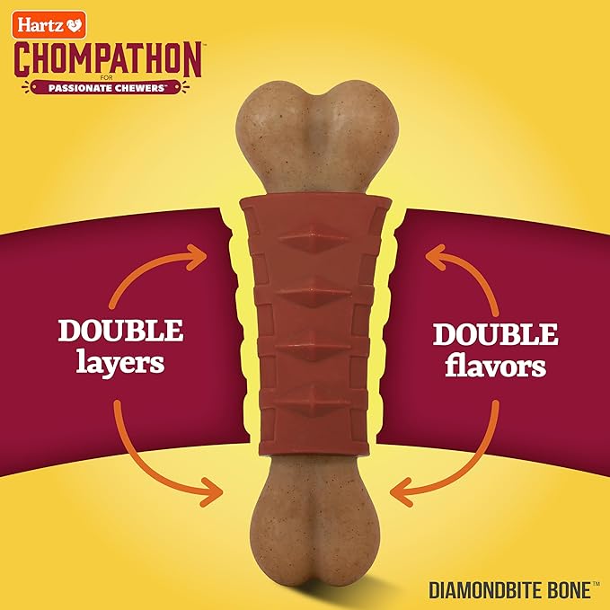 Hartz Chompathon Diamondbite Bone Dog Chew Toy for Aggressive Chewers, Double Layered Flavored with Chicken & Peanut Butter