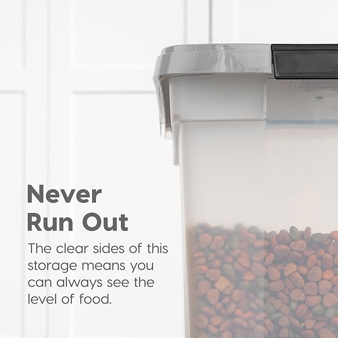 IRIS USA Airtight Dog Food Storage Container, WeatherPro, Up to 50 lbs, Removable Wheels, for Dog Cat Bird and Other Pet Food Storage Bin, Keep Fresh, Translucent Body, Made in USA, Clear/Gray