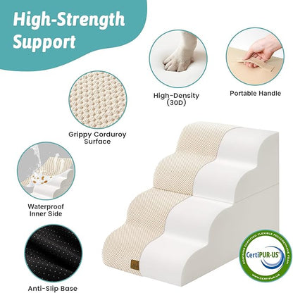 Detachable Curved Wide Dog Stairs 19.7" H, 4 Step Small Dog Step for Puppy or Older Cat, Ramp for Bed, Sofa, Couch or Chair, Ladder with High Density Foam, 17.7x28.3x19.7 inch, Beige