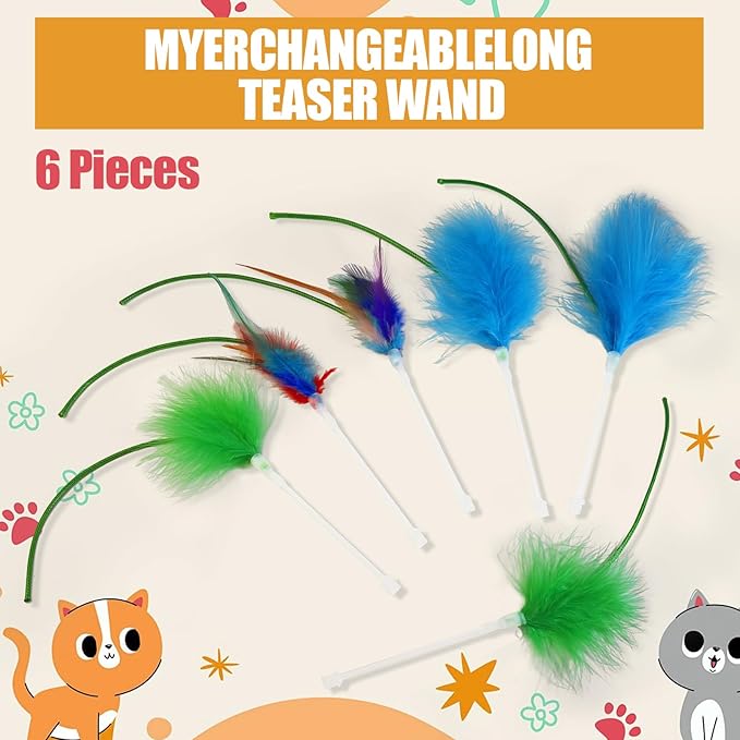 6 Pcs Cat Feather Toys Replacement Compatible with P43, 3 Colors Cat Toy Wand Refills, Cat Toy Feathers Refill, Interactive Cat Teaser Wand Attachments, Only Accessories