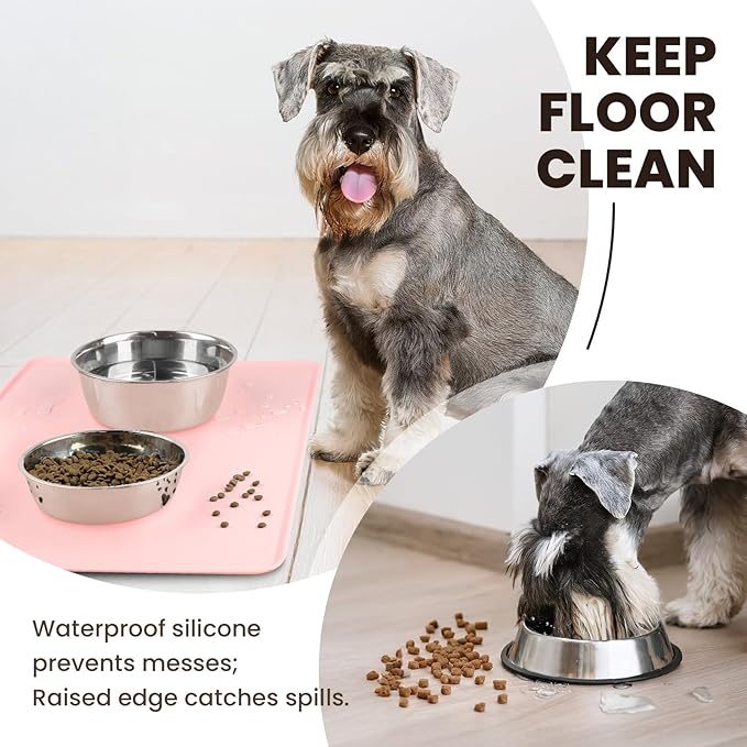 VIVAGLORY Dog Food Mat Flexmat Dog Bowl Mat, Placemat Food Tray with Raised Edges & Lip for Indoor Floor, Non Slip Waterproof Silicone Dish Placemat for Cat & Pet, S, Sakura Pink