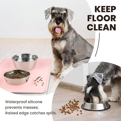 VIVAGLORY Dog Food Mat Flexmat Dog Bowl Mat, Placemat Food Tray with Raised Edges & Lip for Indoor Floor, Non Slip Waterproof Silicone Dish Placemat for Cat & Pet, S, Sakura Pink