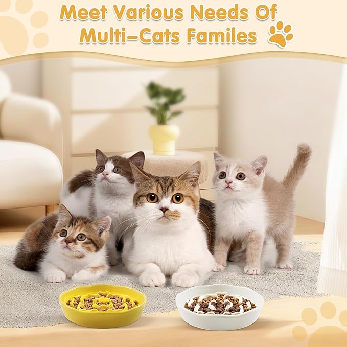 Cat Slow Feeder Bowl Set - 2 Pcs Pastel Series Cat Plate for Dry and Wet Food - Cute Maze Feeder Dish for Healthy Eating- Dishwasher Safe.(Yellow and White)