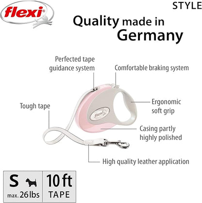 FLEXI Tape Retractable Dog Leashes for Small Dogs Upto 26 lbs. – 10 ft., Pink/Rose | Tangle Free Pet Walking Leash with One-Handed Brake, Pause, Lock|German Quality Product