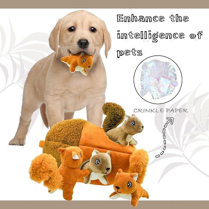 Hide and Seek Dog Toys Squeaky Lying Squirrels Plush Toy with Crinkle Nut, Interactive Dog Toy to Keep Them Busy Pet Teeth Clean Chew Toys for Small & Medium Dogs