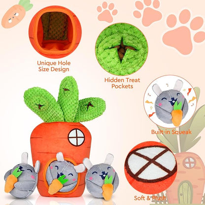 Hide and Seek Squeaky Dog Plush Toy Carrot and Bunny Set, 4 Pack Dog Puzzle Toys for Training and Cleaning, Interactive Tough Dog Toy for Small Medium Dogs