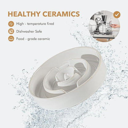 Ceramic 1.6 Cup Dog Bowl Slow Feeder for Large and Medium Dog, 8.2inch Pet Slow Dish, Stop Bloat, Preventing Choking(Single Bowl, Reactived Glaze -White)