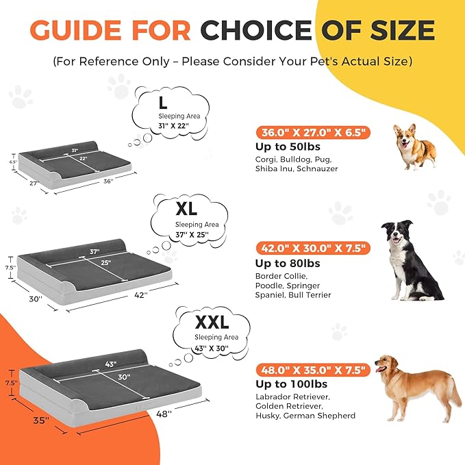 Dog Bed Large Sized Dogs, XXL Orthopedic Dog Bed for Large Dogs, Waterproof Pet Bed with Washable Removable Cover, L-Shaped Pet Couch with Portable Handle 48"x35"x7.5", Grey Flannel