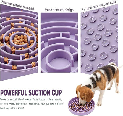 Silicone Slow Feeder Bowl, with Non-Slip Suction Cups, Anti-Choking, Puppy Puzzle Bowl, Slows Down Eating Speed, Relieves Anxiety, Suitable for S&M Sized Dogs and Cats(Purple)