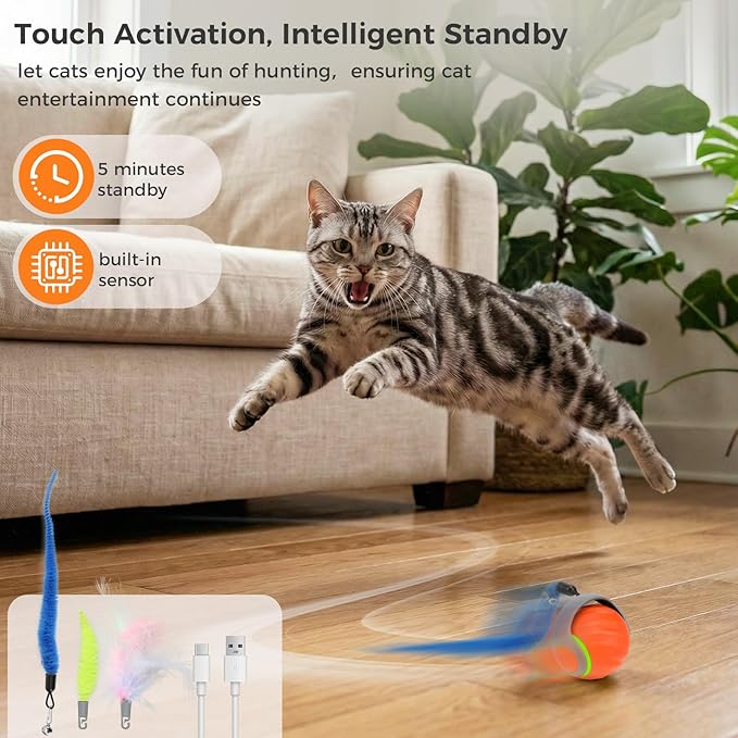Automatic Interactive Cat Toy Ball with 3 Tails，Rechargeable Moving Cat Toy for Indoor Cats，Cat Toys Balls for Indoor Cats|Fun Interactive Cat Toys & Perfect Cat Gifts，cat ChaCe Toy，Motion Activated