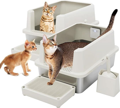 RIZZARI Stainless Steel Litter Box: Beige Leakproof Open Top Tray - Heavy Duty - Odor Resistant- Teflon Non-Stick Coating Cleaning - with Deodorizer - 2 Pack - for Laundry Room Restroom