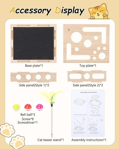 Cat Toys for Indoor Cats - Interactive Box Puzzle Toy Nail File Scratcher Hunting Play Toy with 3 Jingle Balls & 1 Feather Wand, Wooden Puzzle Treat Toy Box Energize Cat Instincts for Bored Cats