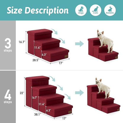 Dog Stairs with Storage, 4-Step Wider Sturdy Dog Steps for Small/Medium/Large Dogs and Older Cats, Folding Doggie Ramp for Bed/Couch/Car Hold Up to 180 lbs (22" H, Burgundy)