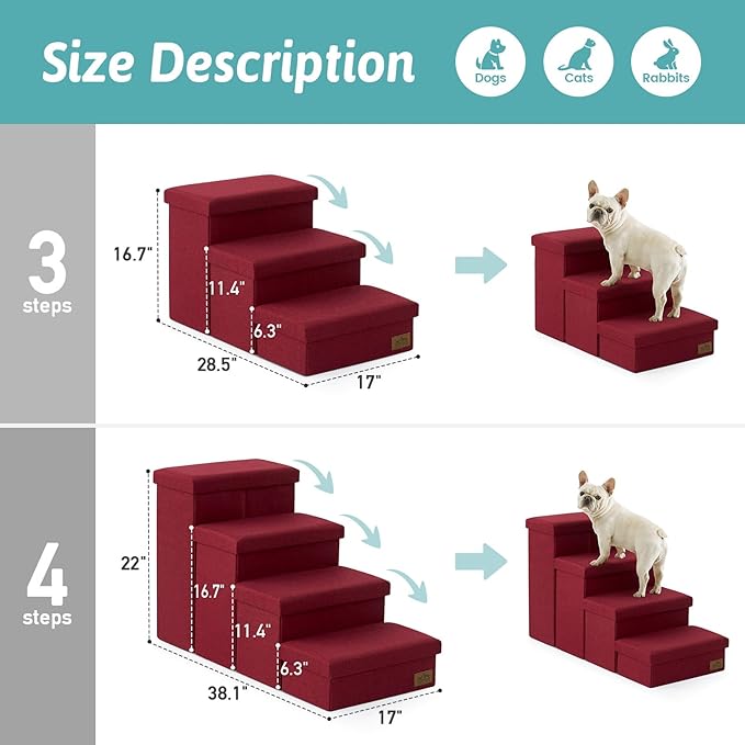 Dog Stairs with Storage, 3-Step Wider Sturdy Dog Steps for Small/Medium/Large Dogs and Older Cats, Folding Doggie Ramp for Bed/Couch/Car Hold Up to 180 lbs (16.7" H, Burgundy)