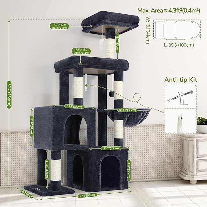 Globlazer Cat Tree Condo Tower for Multiple Indoor Cats, 52in Multi-Level Cat Scratching Tree with 2 Cat Condos, 5 Sisal Scratching Posts, 2 Padded Perches, Big Basket, Widened Base, S52, Dark Grey