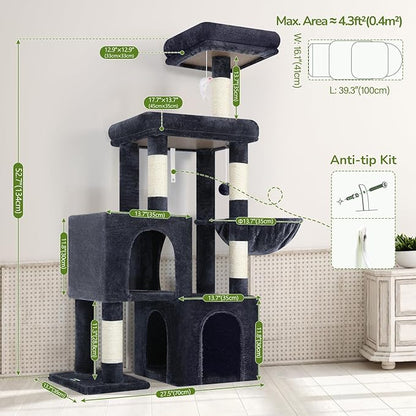 Globlazer Cat Tree Condo Tower for Multiple Indoor Cats, 52in Multi-Level Cat Scratching Tree with 2 Cat Condos, 5 Sisal Scratching Posts, 2 Padded Perches, Big Basket, Widened Base, S52, Dark Grey