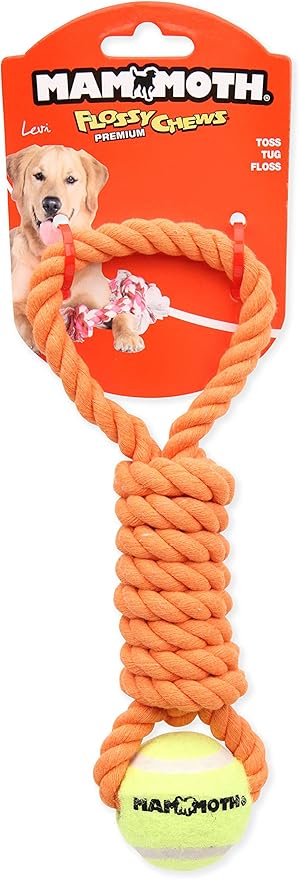 Mammoth Flossy Chews Twister Rope Toy with Tennis Ball – Premium Cotton-Poly Tug Toy for Dogs – Interactive Dog Tug Toy – Rope Dog Toy with Tennis Ball for Small Dogs - Mini 11" - Assorted Colors