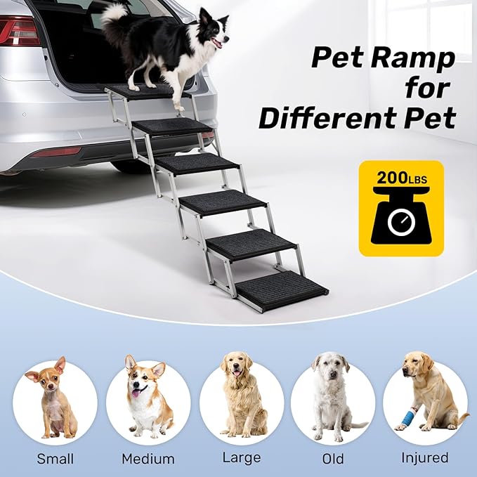 Dog Steps for Car, Truck and SUV - Foldable Pet Stairs for Large Dogs with Non-Slip Rug Surface, Lightweight Dog Ramp Holds Up to 250lbs, 6 Steps