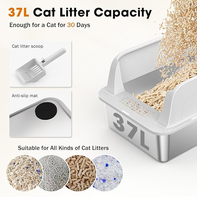 2PACK Stainless Steel Litter Box, Extra Large Litter Boxes for Big Cats, XL Metal Cat Litter Box with Lid High Sides, Anti-Urine Leakage, Non-Sticky, Scoop Included