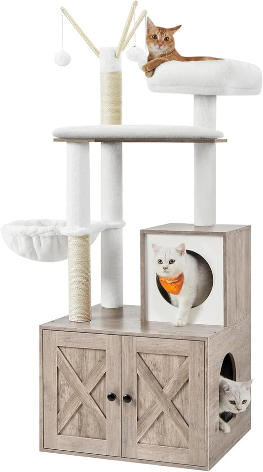 Feandrea Cat Tree with Litter Box Enclosure, 59-Inch Modern Cat Tower, 2-in-1 Condo with Scratching Posts, Washable Removable Cushion, Greige UPCT113G01