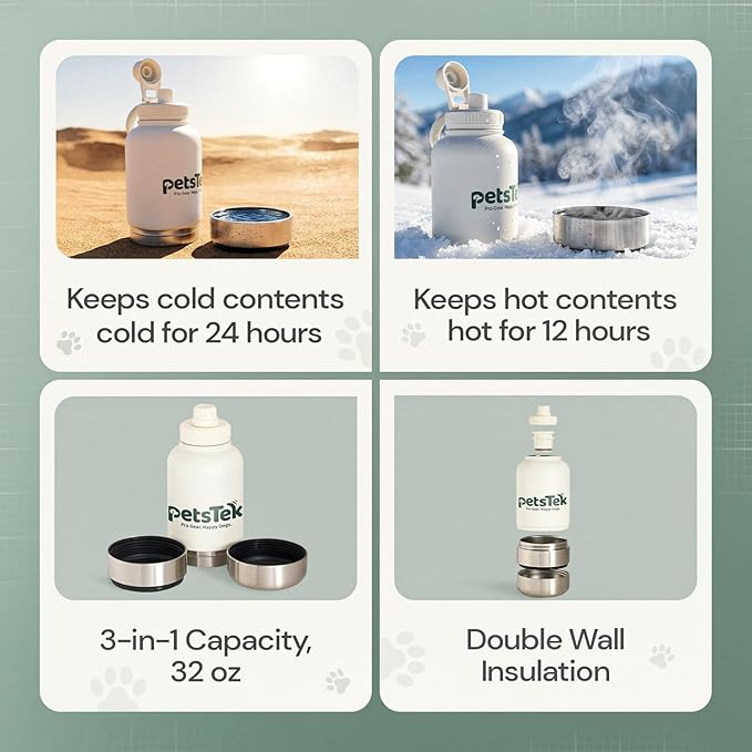 Portable Dog Water Bottle - 3 in 1 Insulated Stainless Steel Travel Bowl & Food Dispenser with Leak Proof Magnetic Lid - Dog Accessories for Walking, Hiking, Outdoor, Camping (32oz White)