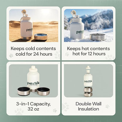 Portable Dog Water Bottle - 3 in 1 Insulated Stainless Steel Travel Bowl & Food Dispenser with Leak Proof Magnetic Lid - Dog Accessories for Walking, Hiking, Outdoor, Camping (32oz White)