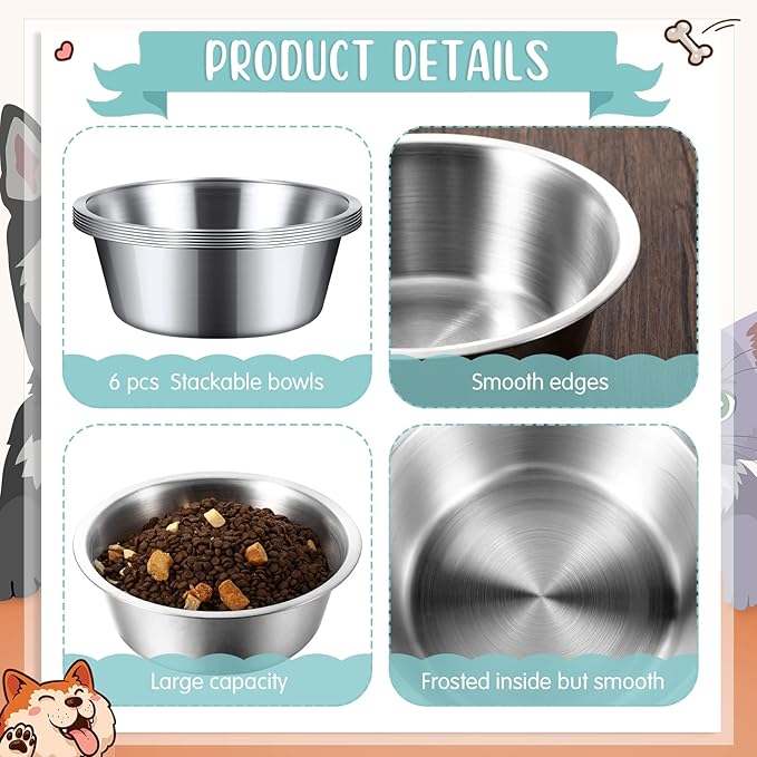 Yahenda 6 Pcs Stainless Steel Metal Dog Bowls Bulk Replacement Basic Thickened Pet Bowls for Small Medium Large Dogs, Dishwasher Safe(11 Inch)