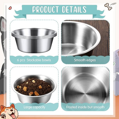 Yahenda 6 Pcs Stainless Steel Metal Dog Bowls Bulk Replacement Basic Thickened Pet Bowls for Small Medium Large Dogs, Dishwasher Safe(11 Inch)