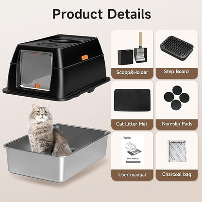 Extra Large Stainless Steel Litter Box with Lid, High Sided Enclosed Metal Cat Litter Pan, Dog Proof Front Entry Top Exit, Odor Control Easy Clean Leak Proof, Includes Mat, Scoop & Step, Black