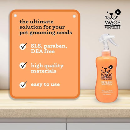 Wags & Wiggles Refresh Dog Deodorizing Spray in Zesty Grapefruit Scent - Long Lasting Dog Grooming Deodorizer Spray - Easy to Use to Combat Smelly Pet Odors, 12 Fl Oz