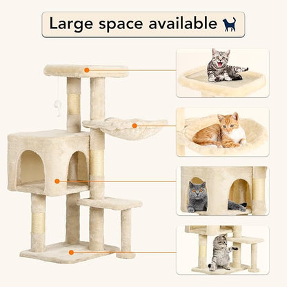 BestPet | 37" Cat Tree Tower | Beige | Sturdy Multi-Level Cat Tree with Plush Condo, Cozy Perch, Sisal Scratching Posts, Hanging Toy and Hammock | Easy Assembly | for Kittens & Adult Cats