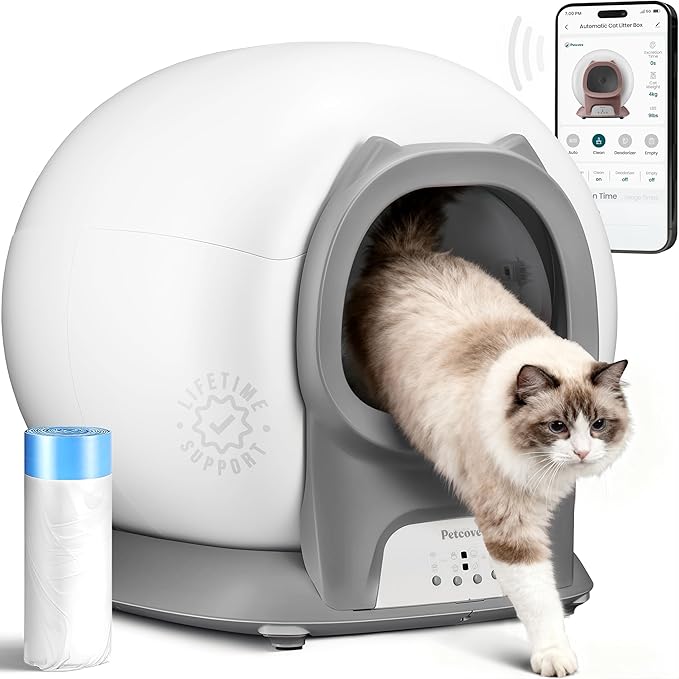 Petcove – Automatic Self Cleaning Litter Box – PurrTek Smart Automatic Litter Box for Multi-Cat Homes with Smart App Control (5GHz Wi-Fi), Triple Odor Control Quiet Operation & Advanced Safety Sensors