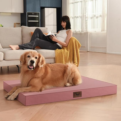 Outdoor Extra Large Dog Bed, Jumbo Waterproof Dog Bed for Large Dogs, Orthopedic Egg Crate Foam Pet Mat with Removable Oxford Cooling Cover, Pink