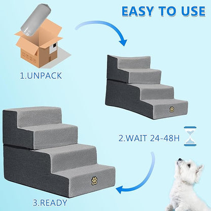 Dog Stairs Pets Steps 4 Gray Pet Ladder for Sofa Couch and Bed Made of High Density Sponge Stairs with Removable Washable Cover Non-Slip Base 18" H