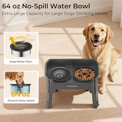 URPOWER Mess Proof Elevated Dog Bowls 4 Height Adjustable Raised Stand with No Spill Water Bowl and Slow Feeder Dog Bowls Non-Slip Food and Water Bowl Set for Small, Medium & Large Dogs