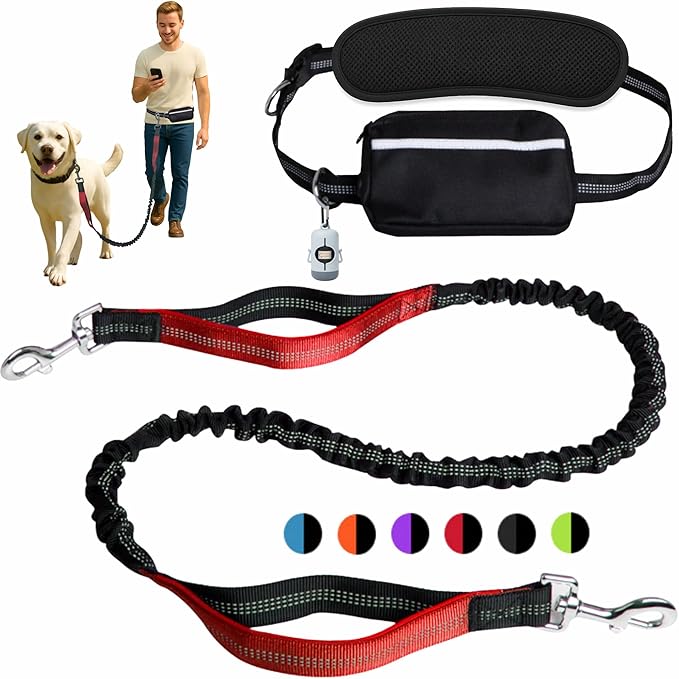 Hands-Free Dog Leash for Dogs up to 130 lbs – Heavy-Duty, Shock-Absorbing Bungee Leash with Zipper Pouch, Dual Padded Handles & Adjustable Waist Belt for Running & Walking – Classic Red