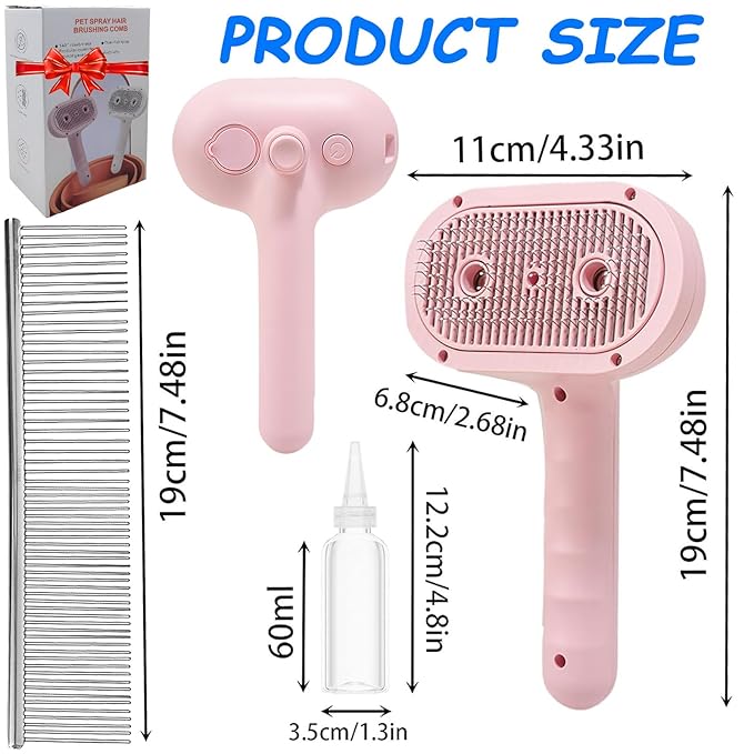 Pet Steam Brush for Cat & Dog, 2-Hole Double Spray, 3-in-1 Cat Steam Brush,Pet Spray Comb with Shedding Massaging Grooming Self-Cleaning Release Button for Long & Short Haired Pets(Pink)