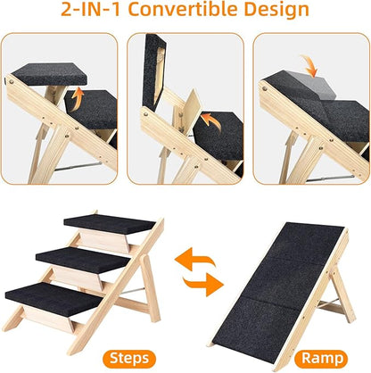 Dog Stairs/Ramp for Bed, Wooden 2-in-1 Foldable Pet Stairs & Ramp, Portable Dog Ladder Up to 180 Pound for Elderly/Short-Legged Dogs, 3 Steps for Beds, Couch, Cars