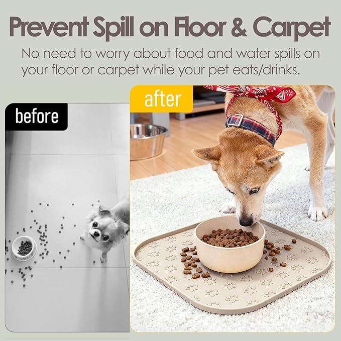 2 Pack Pet Feeding Mats, Waterproof Anti-Slip Placemats for Dog Cat Bowl Silicone Pet Food Mat, Raised Edge Prevent Spills on Floor & Carpet, Dishwasher Safe (2 Beige, 11" x 11")
