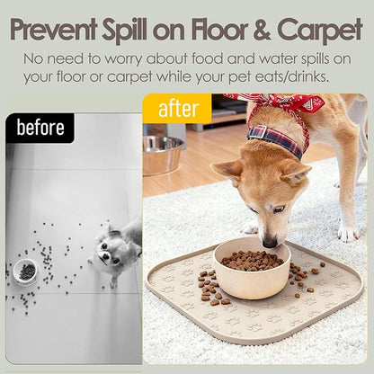 2 Pack Pet Feeding Mats, Waterproof Anti-Slip Placemats for Dog Cat Bowl Silicone Pet Food Mat, Raised Edge Prevent Spills on Floor & Carpet, Dishwasher Safe (2 Beige, 11" x 11")