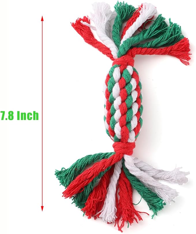 LUCKITTY Christmas Dog Rope Toy - 3-Piece Set - Candy Shape Crutch Design, Bear Shaped for Dogs Puppy - 7.87, 7.5, and 5 Inch - Red and Green