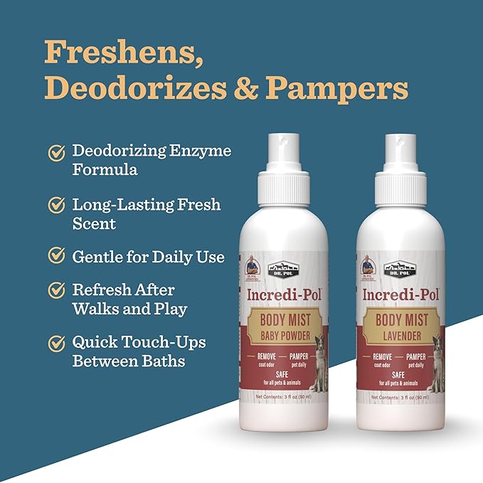 Dr. Pol Incredi-Pol Body Mist | Pet Deodorizer Spray & Dog Body Odor Eliminator | Dog Freshener & Odor Spray for Dogs | Safe for Dogs & Cats | Long-Lasting Scent | 3oz | Baby Powder