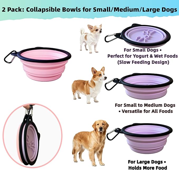 2 Pack Collapsible Silicone Dog Bowls, 25oz Portable Food Water Bowls for Medium/Large Dogs, Pet Camping Travel Essentials (Pink/Purple)