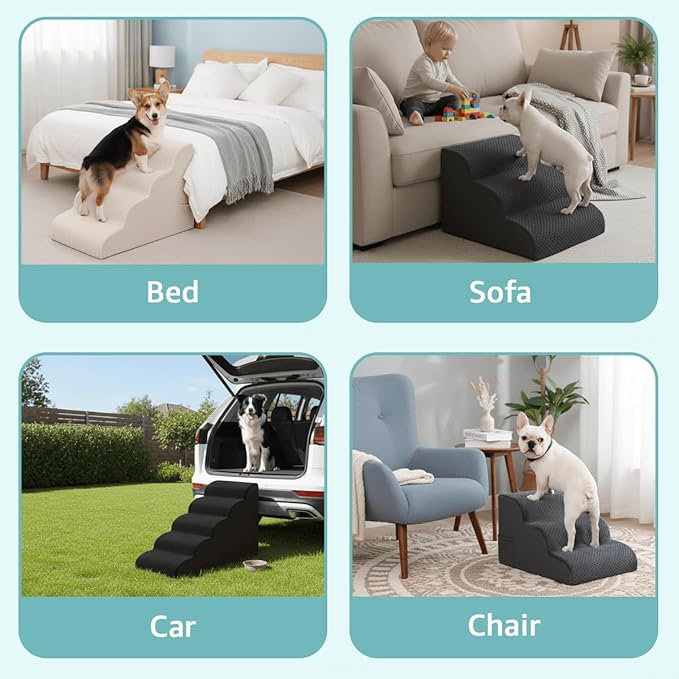 Dog Stairs for Small Dogs 15" H, 3-Step Dog Steps Ramp for Couch Sofa and Chair with Anti-Slip Washable Cover and Durable High Density Foam, Pet Stairs for Cats, Black